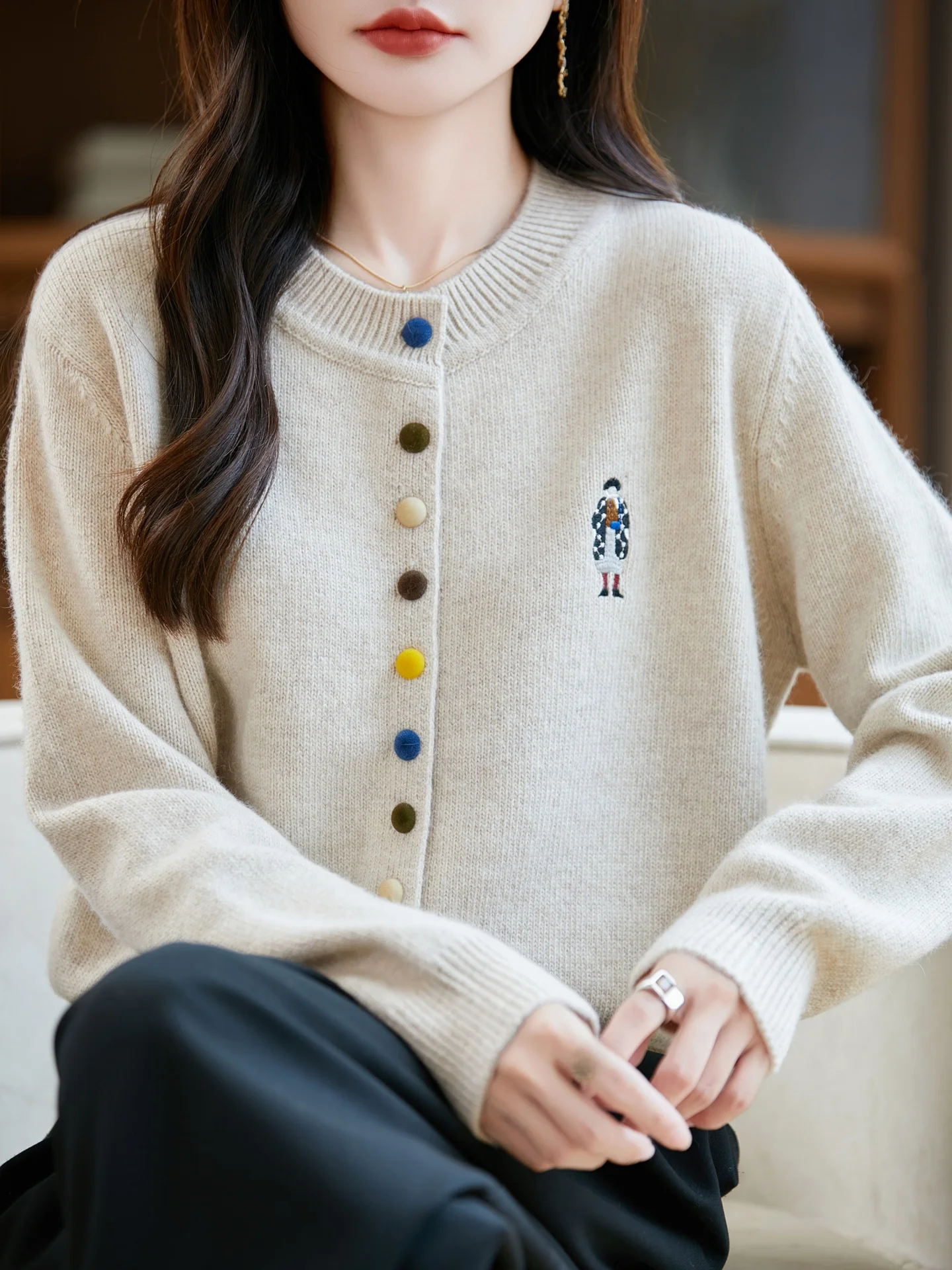 컬러풀 자수 니트 오픈 가디건 여성 캐주얼 긴팔 라운드넥 레저 스웨터 재킷 봄 가을 겨울 다용도