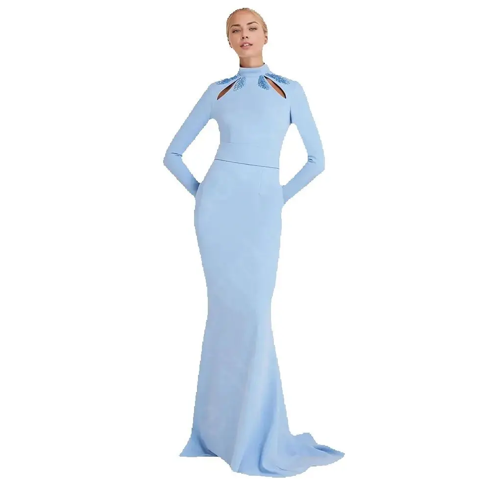 

Customized Latest Baby Blue Evening Dresses Mermaid Prom Gowns Long Sleeves High Neck Wedding Guest Dresses Sweep Train Beaded