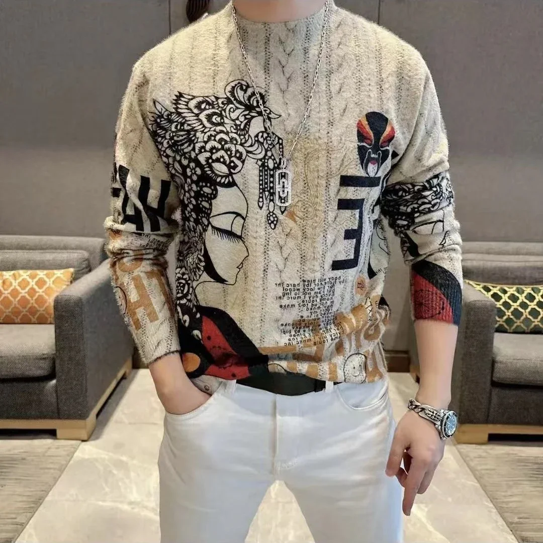 Sweatshirts for Man Hoodieless Print Men's Clothing Top Pullover Slim Fit Korean Style Luxury No Brand Overfit Cheap Autumn Warm