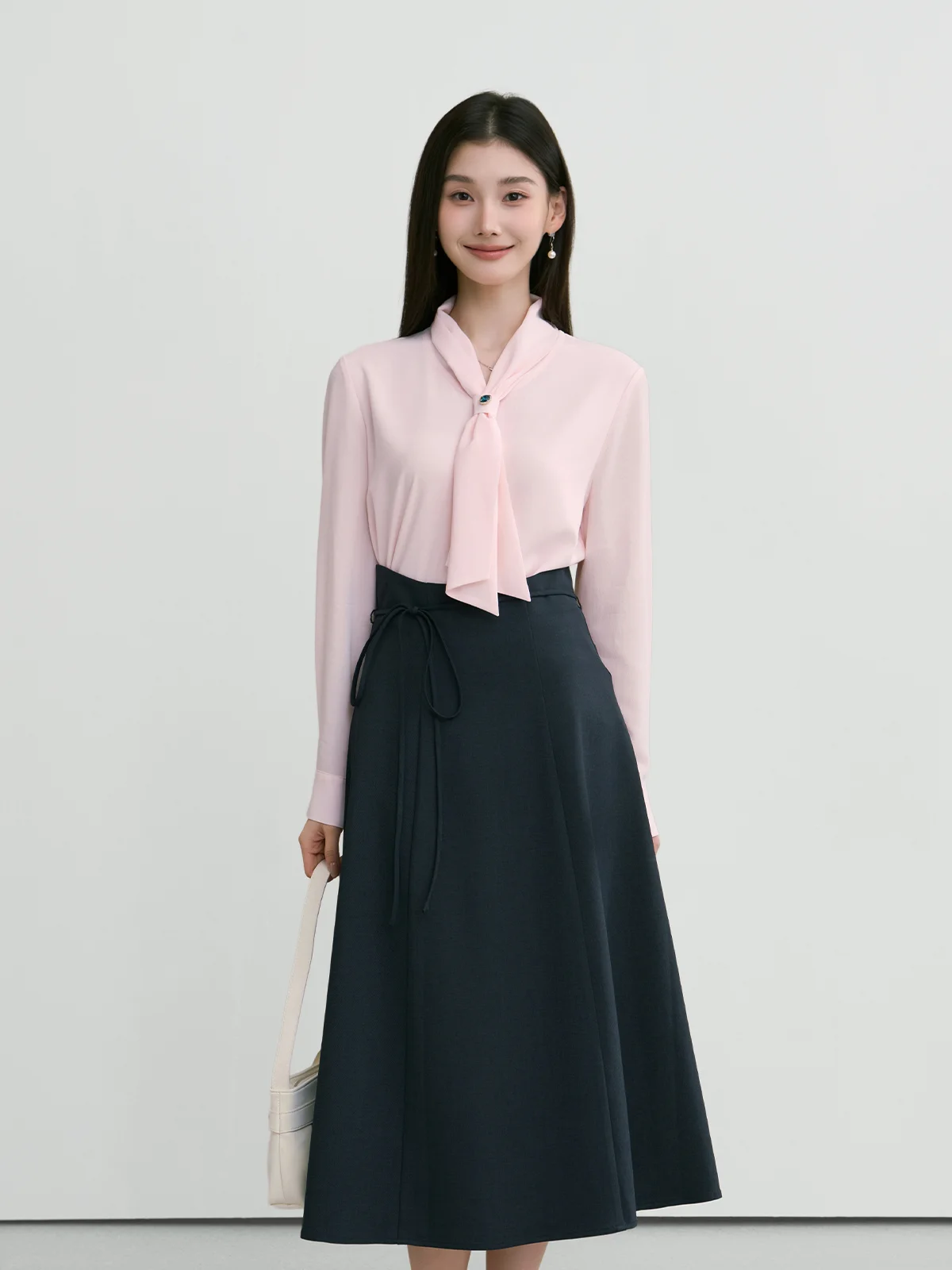 

Miss Bird Pink Belted irt Women's Spring Autumn Interview Profional Formal Commute Outfit Top Polyester Long Sve