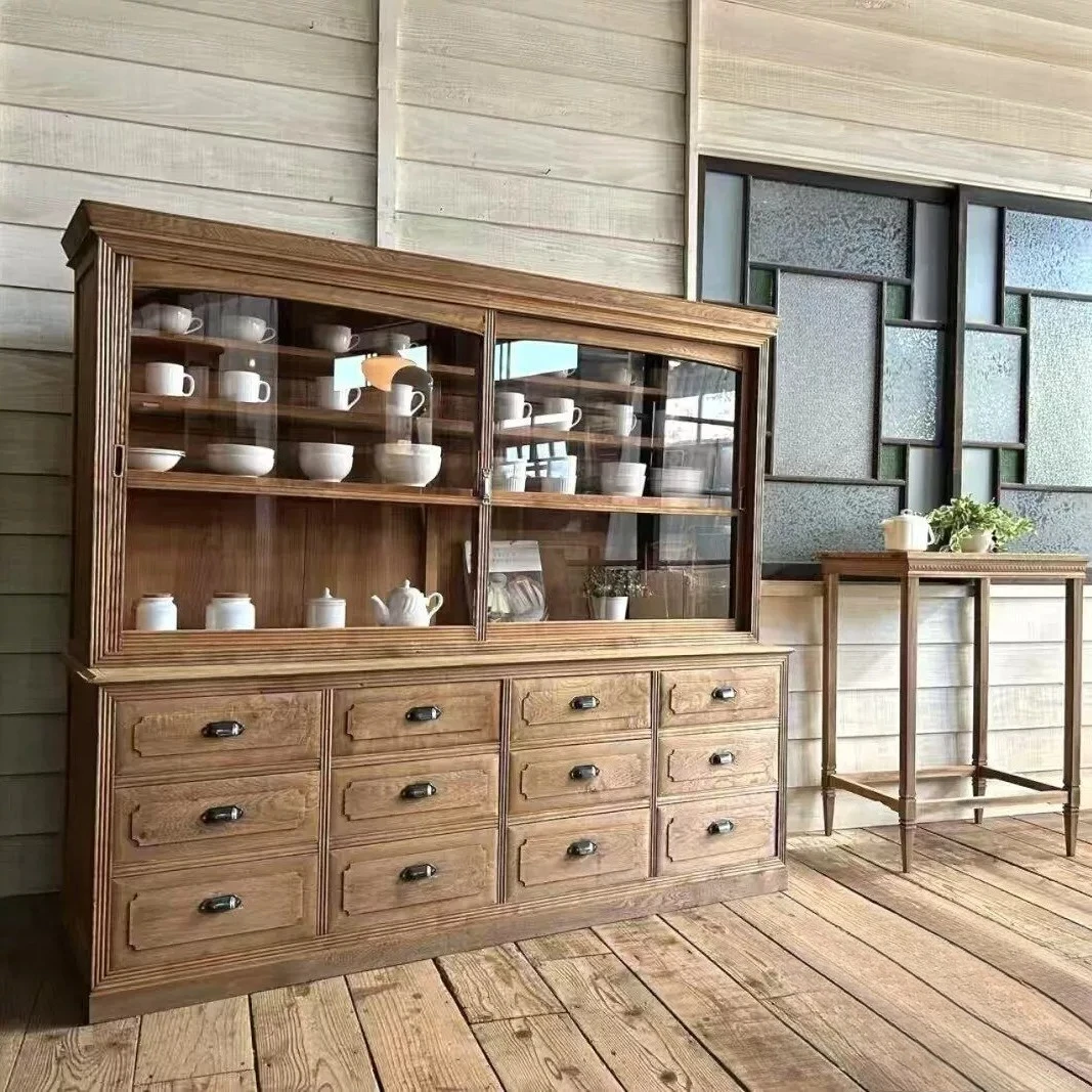 Vintage side cabinet sliding door storage display South French antique decorative dishes