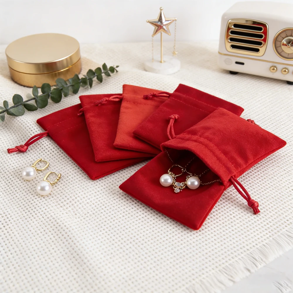 

10Pcs Hot Selling Red Flannel Drawstring Dust Bag Soft Small Velvet Jewelry Pouch Bags Recyclable Wedding Party Favors Gift Pack