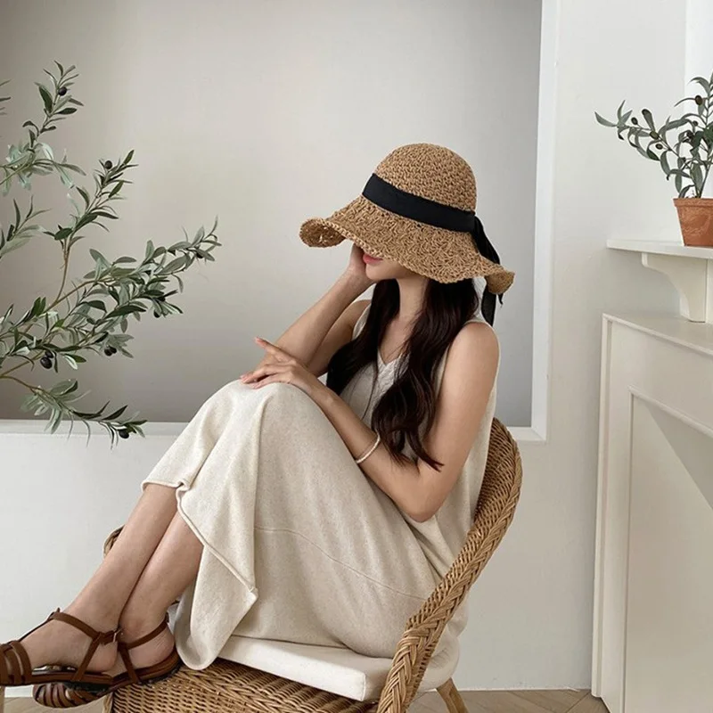 Wide Straw Summer Hat Womensummer Panama Hat Big Brim Beach Hat Foldable Vacation Summer Hat Sunscreen Sunshade Hat