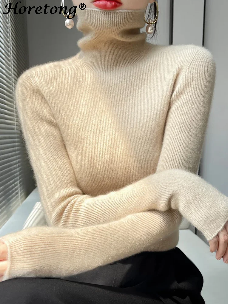 Horetong 2022 Autumn Winter Wool Sweater Women Turtleneck Solid Elastic Slim Knitted Pullover New All-match Elegant Comfort Tops