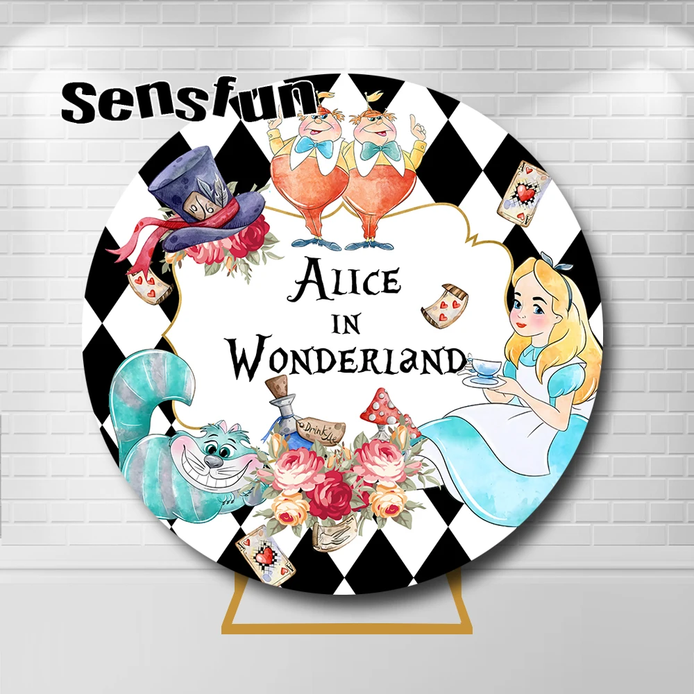 

Alice In Wonderland Round Backdrop Cover Flowers Girls Birthday Afternoon Tea Party Circle Background Photo Studio Custom