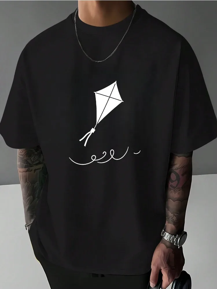 Men Oversized Cotton T Shirt Simple Hand Drawn Flying Kite Swirl Cord Print Short Sleeve Casual Daily Shirts For Teen Young Guys