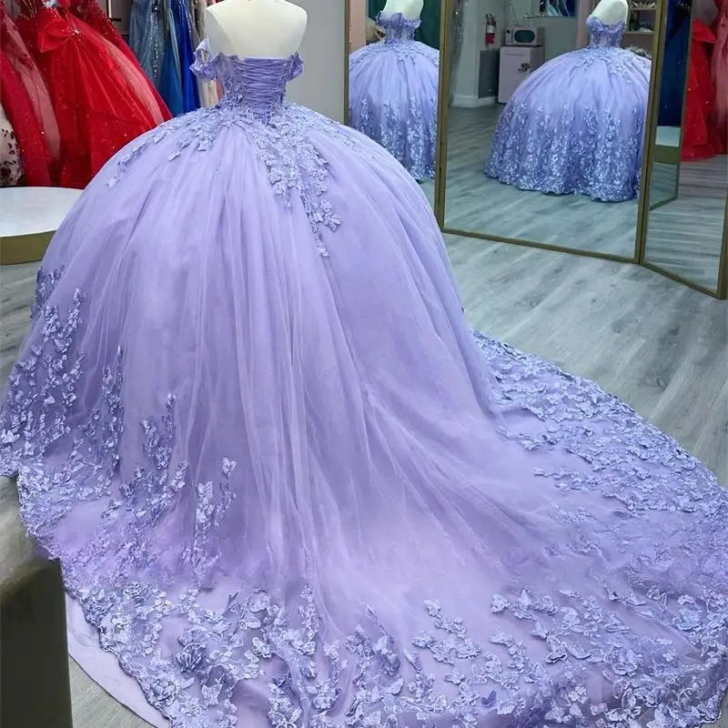 Vestido de quinceañera personalizado color lavanda con hombros descubiertos, vestido de baile con apliques de cuentas, vestido de lujo para cumpleaños, vestido de princesa dulce 16