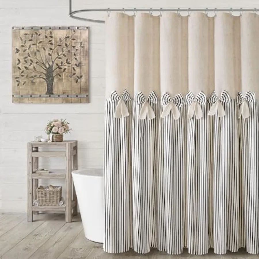 

Farmhouse Shower Curtain Linen Bow Woven Fabric Country Rustic Western Pleated Black Stripe 72" W x 72" L
