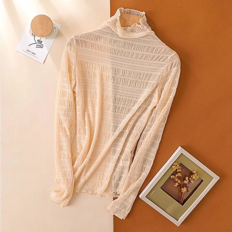 

2025 Women Summer Slim T-Shirt Mesh Tops Long Sleeve High Neck Lettuce Edge Solid Color Slim Fit Sheer Beach Sexy Tops