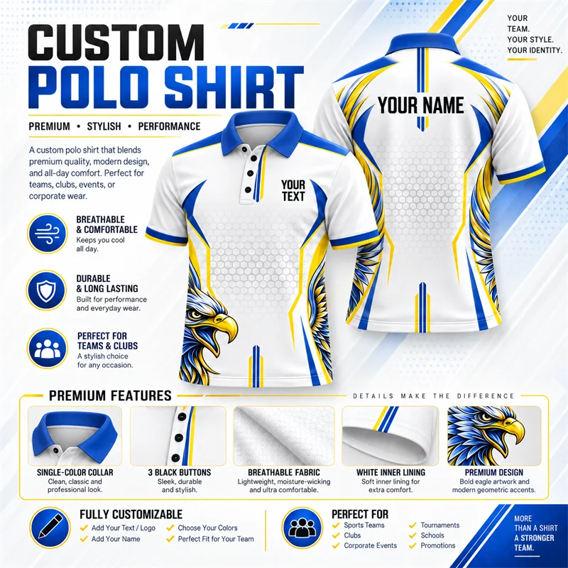 Custom Eagle Polo Shirt Personalized Name Text 3D Print Breathable Short Sleeve Men Women Fashion Top for Club Daily Wear Gift