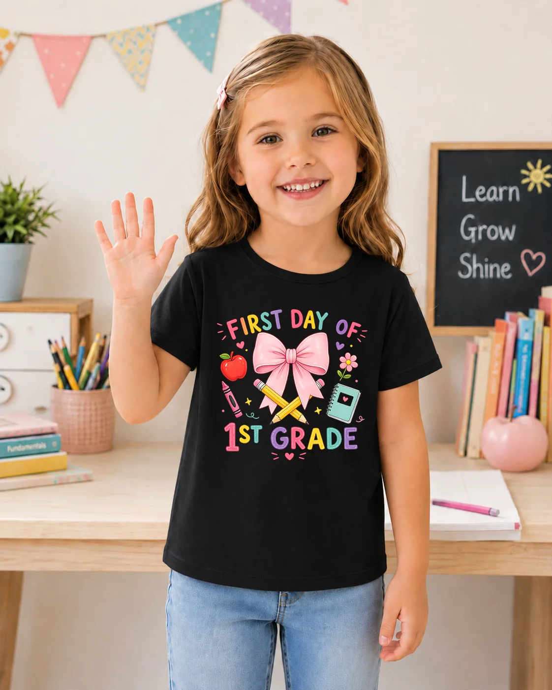 Girls First Day of 1st Grade T Shirt Cute Pink Bow Apple Pencil Graphic Tee Toddler Kids Back To School Short Sleeve Cotton Tops
