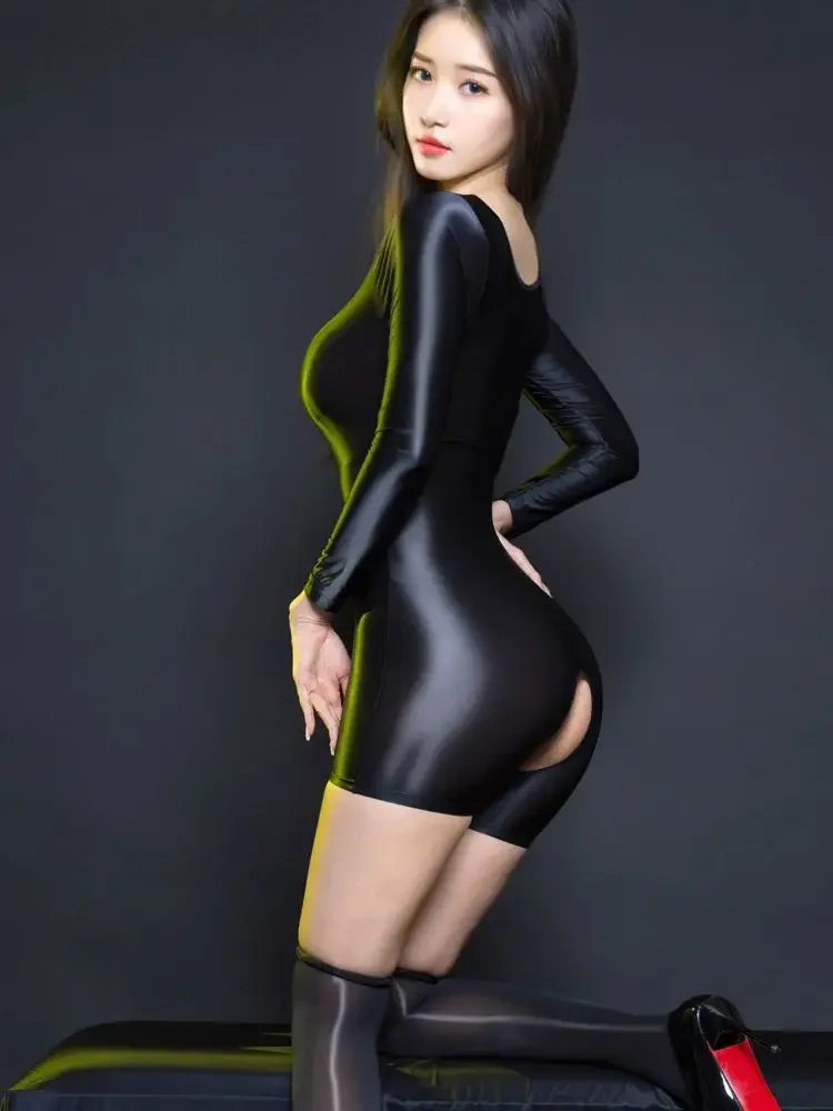 Long Sleeve Glossy Shiny Playsuit Catsuit Open Crotch Bodysuit Tights Sexy Clubwear Body Teddies Lingerie Leotard Bodystocking