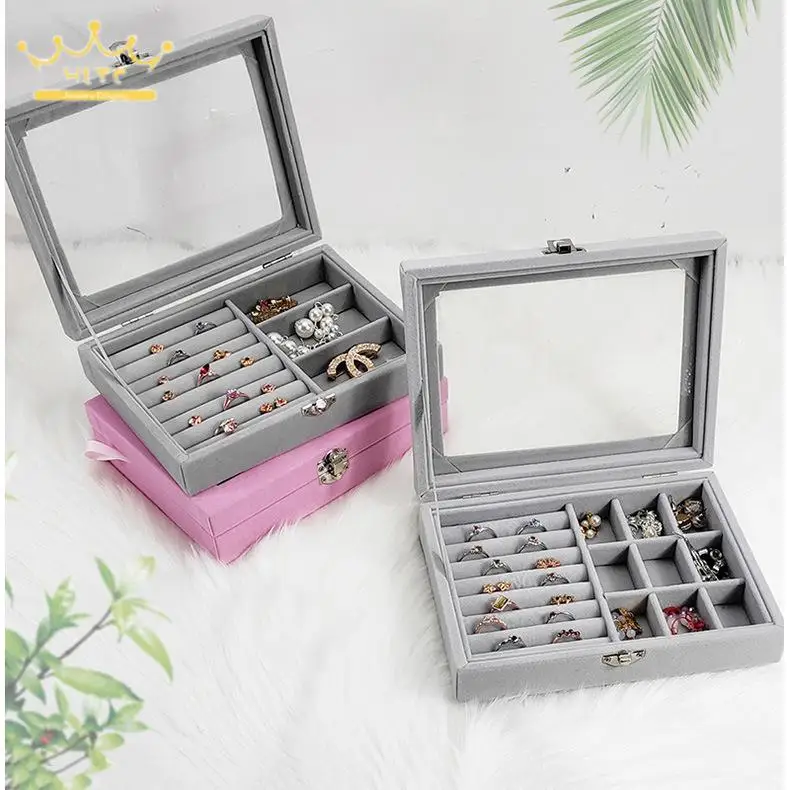 Rings/earrings Organizer Tray with Clear Lid Velvet Drawer Insert Jewelry Storage Box Bracelet Brooch Cufflinks Packaging Case