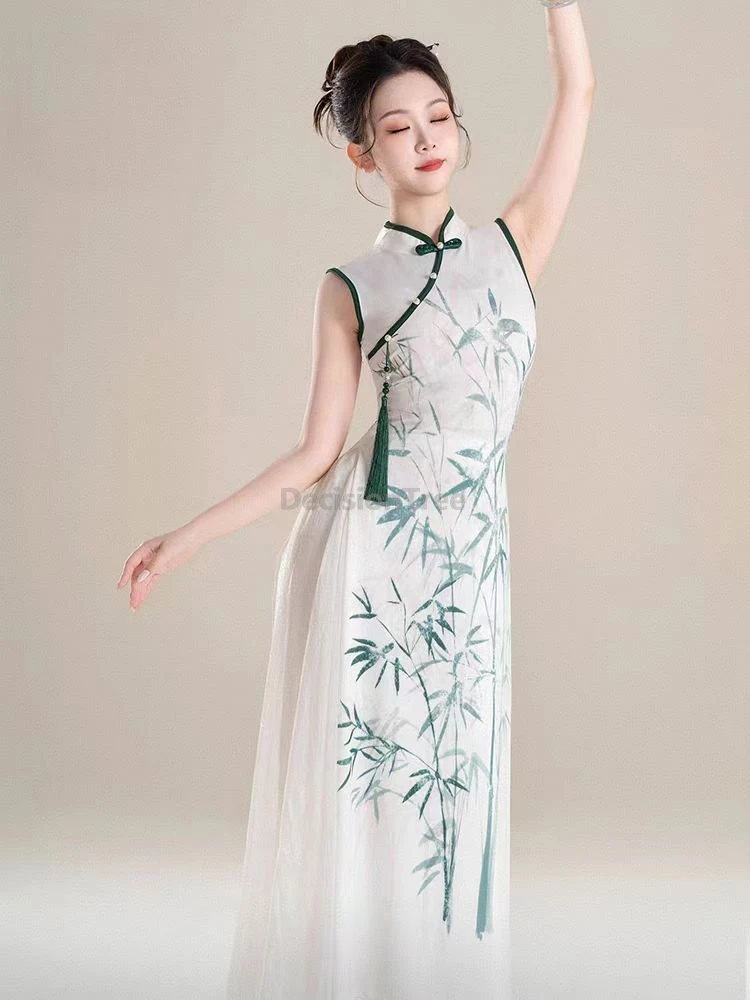 Classical Dance Bamboo Printing High Slit Qipao Chinese Folk Dance Practice Garment Stage Performance Stretchy Mesh Dress Set