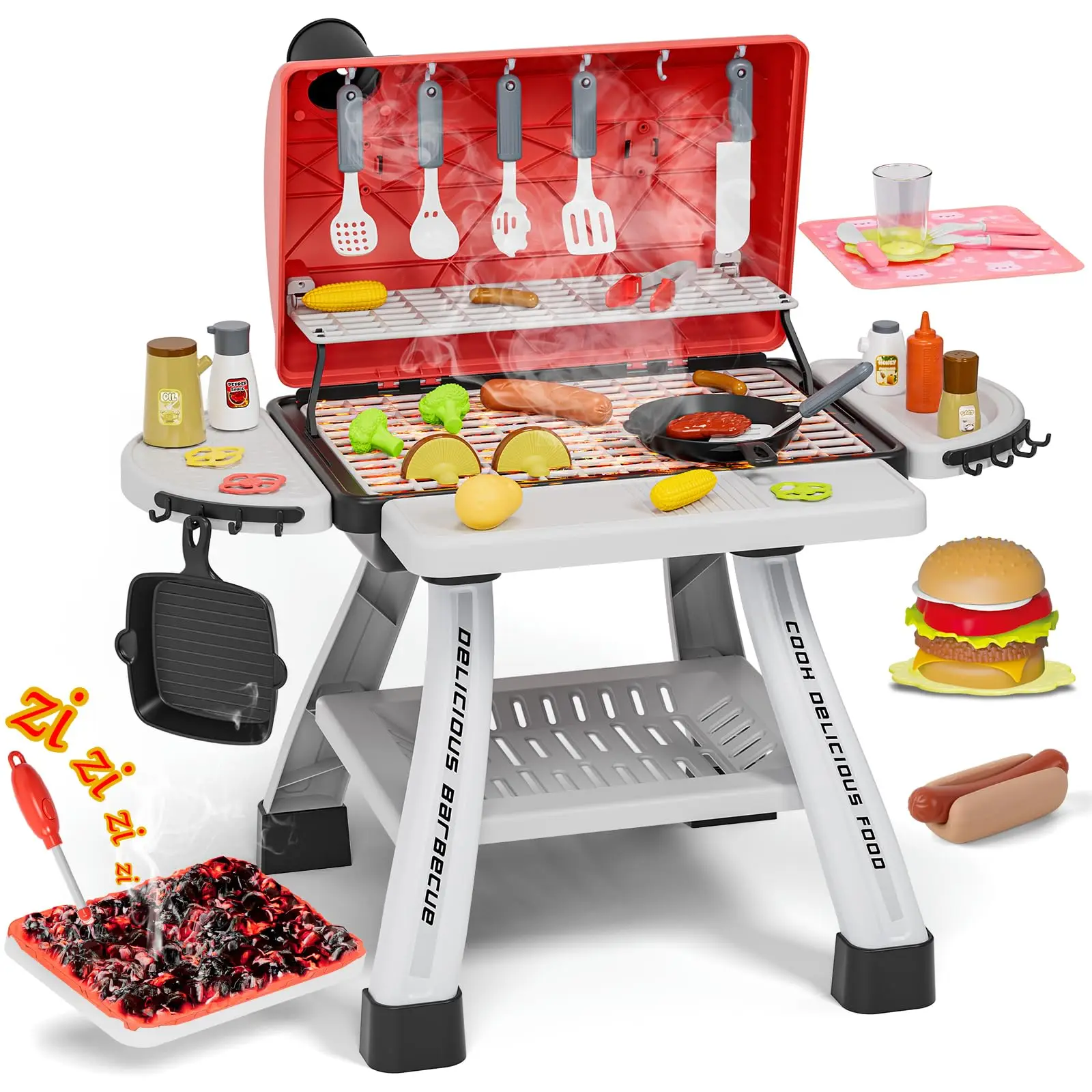 

Kids Toys Kitchen Playset, BBQ Grill Playset with Smoke, Sound & Light, Toy Grill for Kids, Pretend Play Food Hamburger