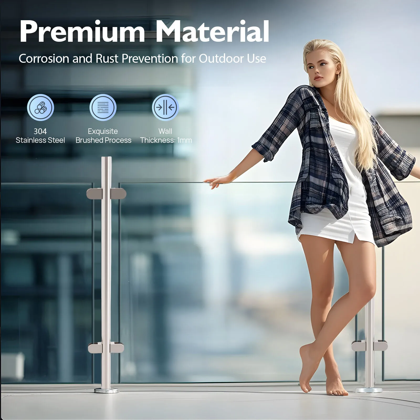 

304 Stainless Steel Railing Post 3.74"Base 176lbs Corner Pole Capacity 80kg for Porches Balconies Gardens Silver