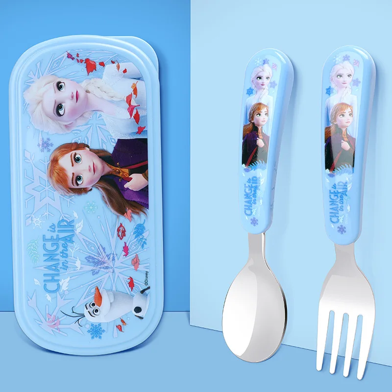 Disney Frozen Elsa&Anna 2pcs Stainless Steel Cutlery Set Portable Fork Spoon With Decorative Case Kid Reusable Mealtime Utensils