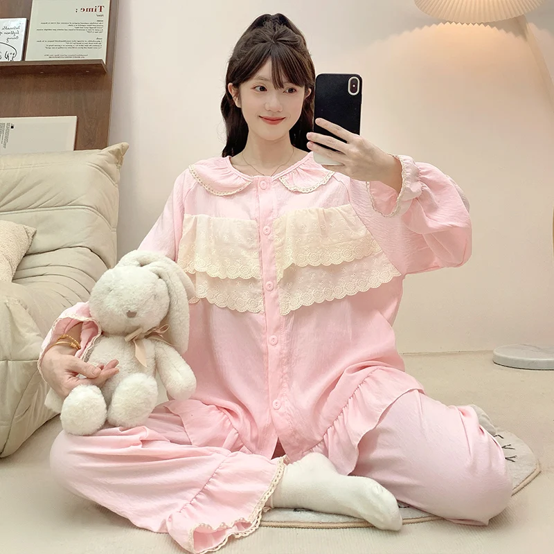 

Женская пижама большого размера, весенне-осенний комплект однотонной пижамы с кружевом, простой кардиган с воротником-стойкой, длинные рукава, брюки, домашний комплект.