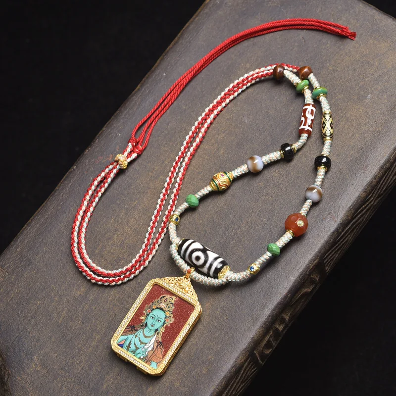 

Tibetan Thangka Zakyamara Green Tara Pendant Medicine Buddha One Thought Between Braided Rope Necklace