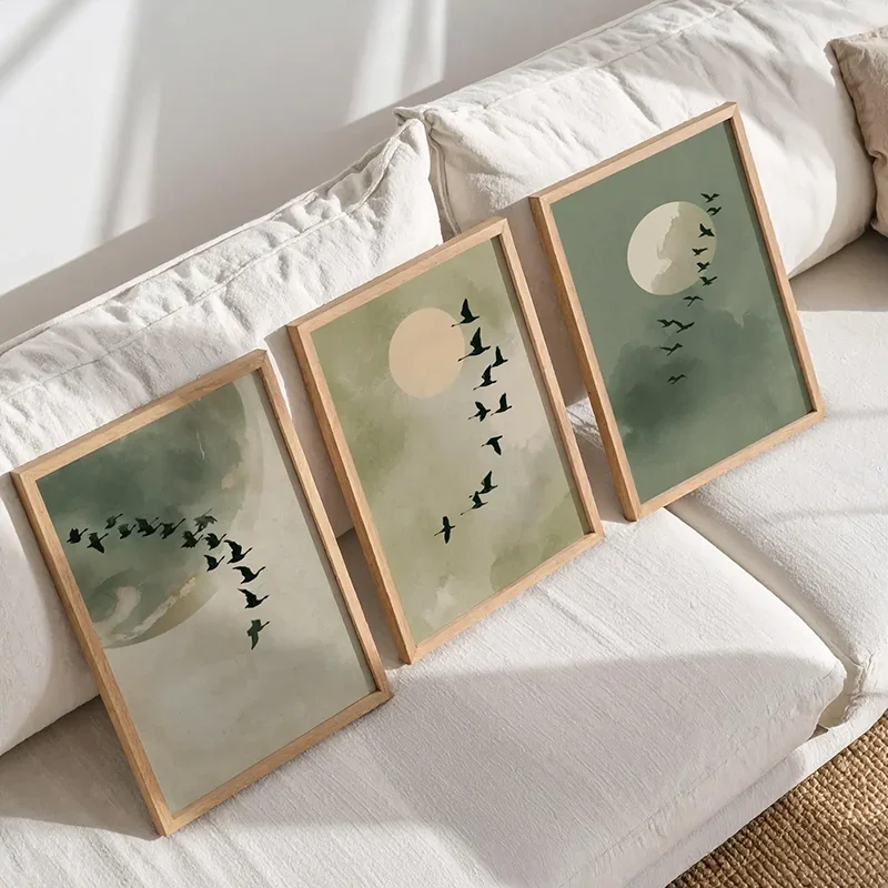 Large-sized frameless 3pcs  3PCS Japandi Birds Poster  Sage Green Minimalist Wall Art  Landscape Painting Canvas Paintings Fo