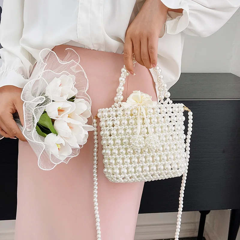 Women Pearl Crossbody Bag Handmade Sweet Pouch Fashion Drawstring Handbag Evening Totes Clutch Ladies Wedding Party Purse