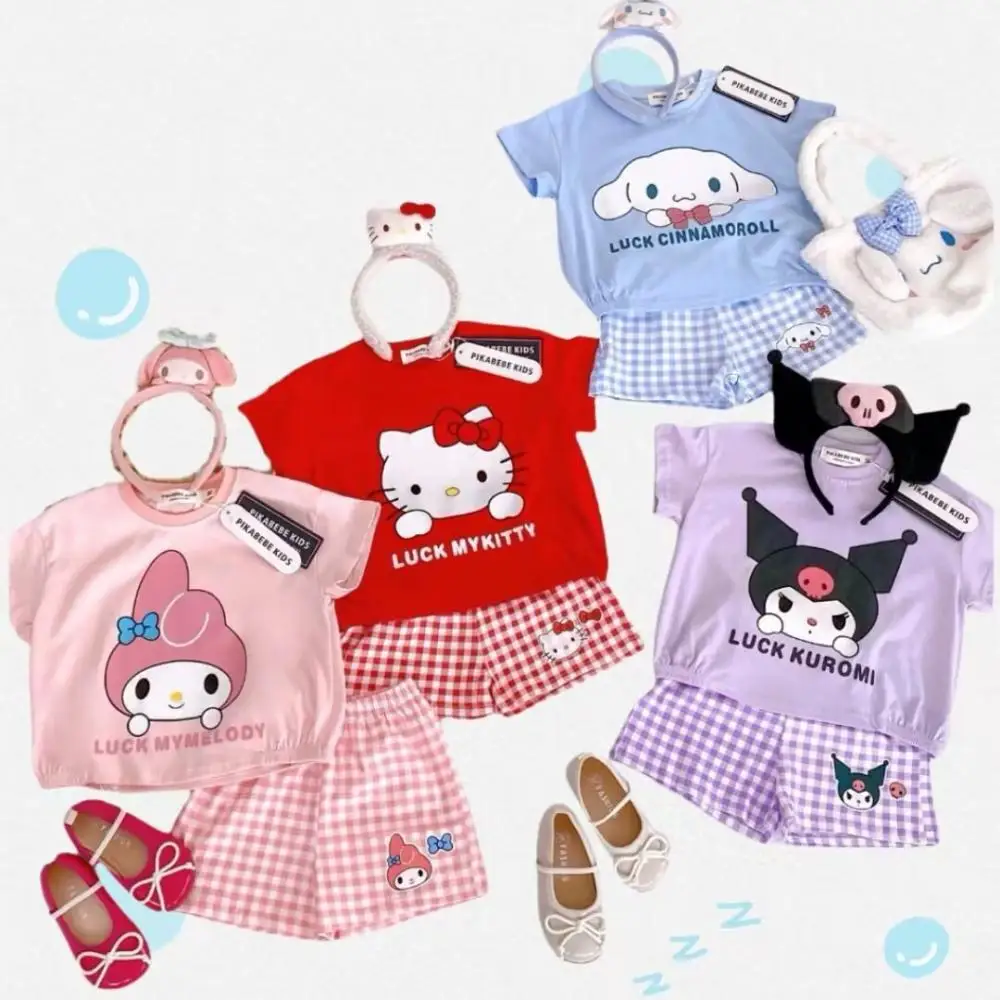 

Комплект шорт с короткими рукавами для девочек Sanrio Kuromi Hello Kitty My Melody Cinnamoroll, новая летняя футболка Ins, детские топы с героями мультфильмов Kawaii