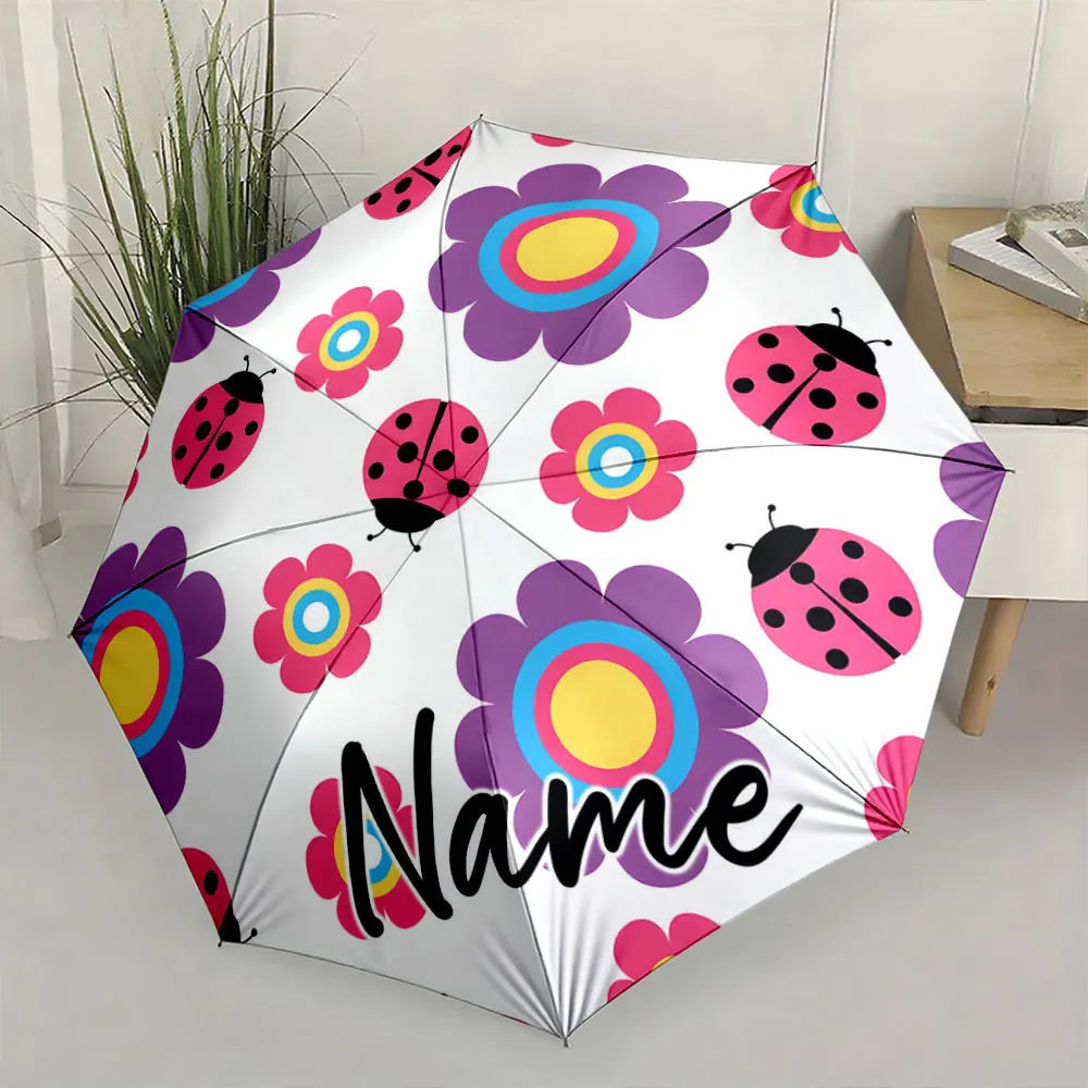 Custom Name Umbrella Colorful Ladybug and Flower Print Umbrella Print 8 Iron Ribs Folding Umbrella Auto-Open Fashion Sunshade
