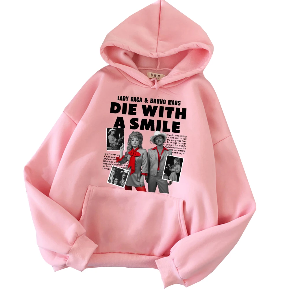 Lady Gaga & Bruno Mars Die With A Smile Hoodie Harajuku Pullover Tops Sweatshirt Fans Gift