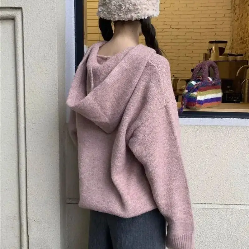 Hooded Soft Waxy Sweater 2024 Spring And Autumn New Pink Hooded Knitted Top Solid Color Sweet And Lovely Versatile Sweater