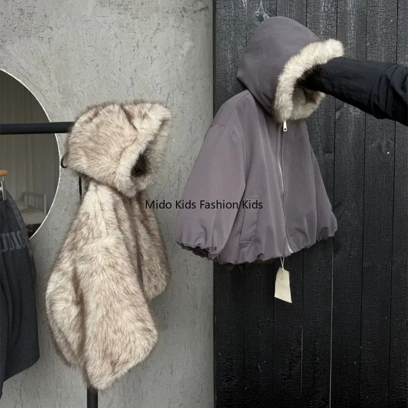 Winter Reversible Parka Coat Fleece Lining for Boys and Girls Thickened Faux Fur-Style Children's Winter Clothing Hooded Jacket