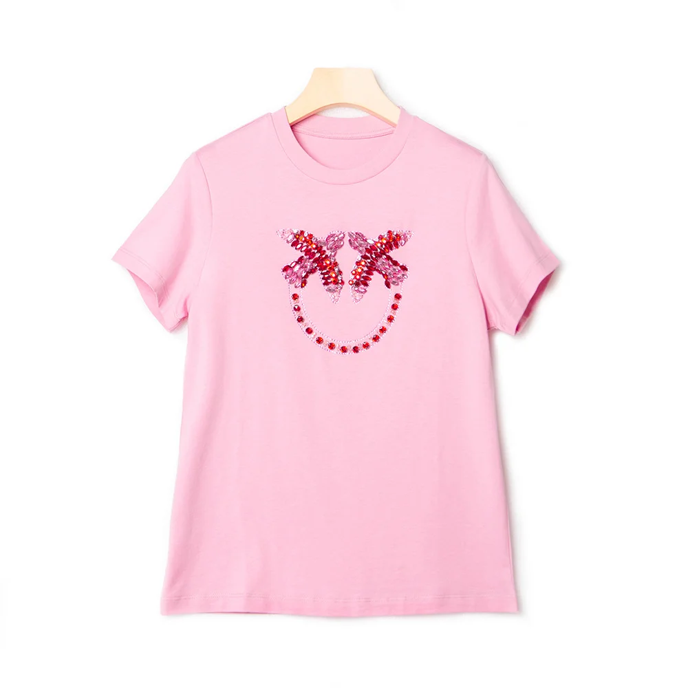 23 Spring Summer Heavy Handmade Eagle Bright Decoration Fashion Short Sleeve T-shirt Cotton Material Regular Sleeve