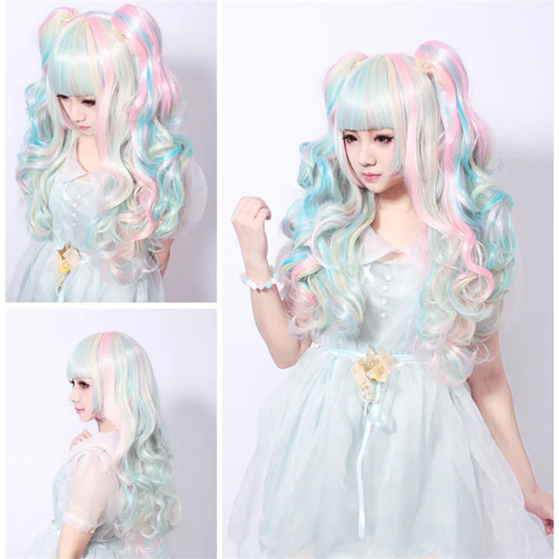 

Synthetic Colorful Three-Piece Set Cosplay Wig Claw Clip Gradient Wig Double Ponytail Curly Hair