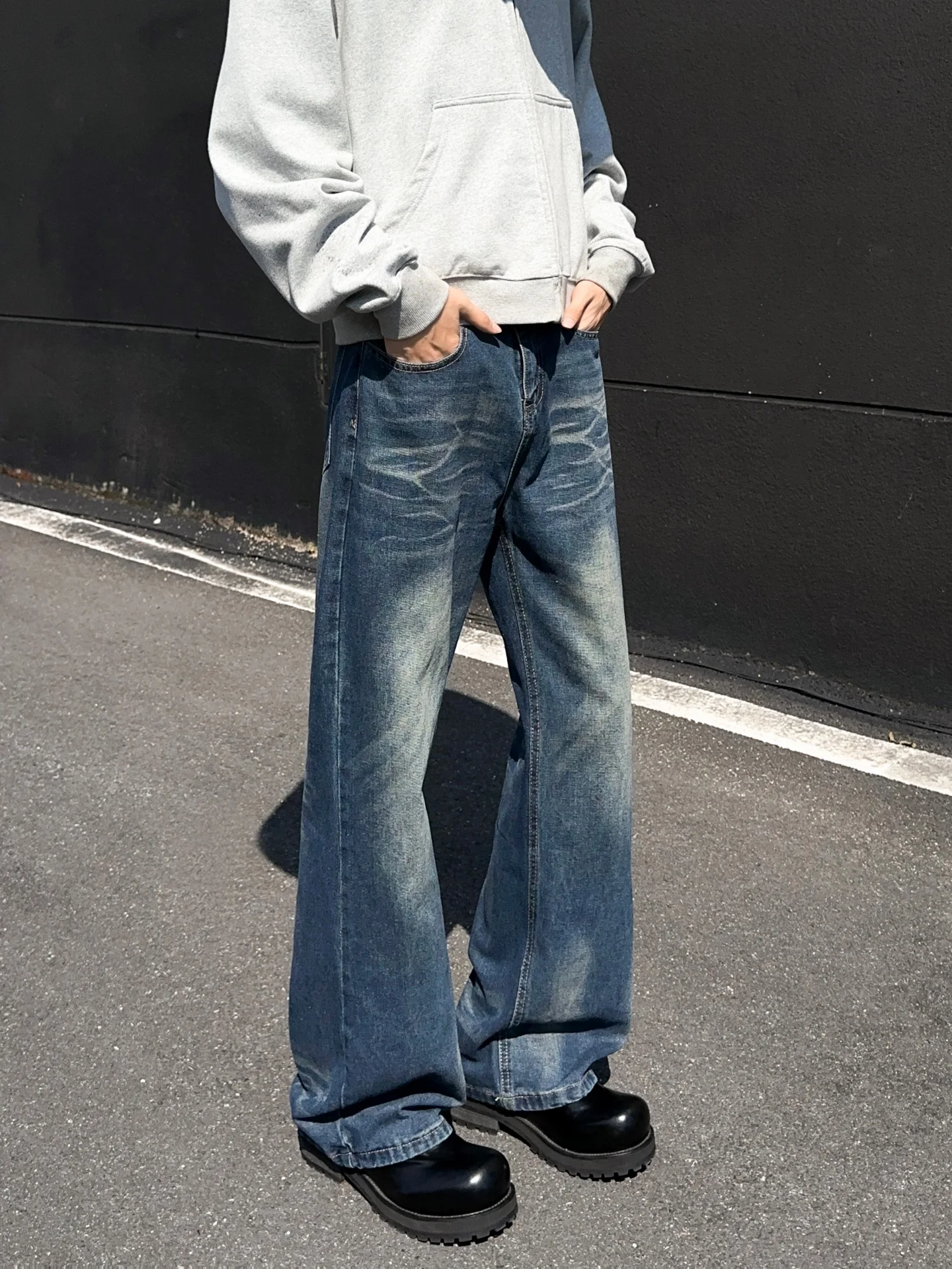 Retro Washed  Jeans Men's American High Street Loose Wide Leg Draped Slim Straight Long Pants Casual Straight Fit Jeans