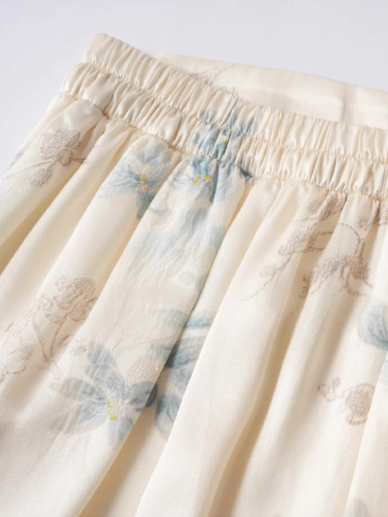 SuyaDream, Long Skirt for Woman 100%Real Silk,  A-Line, Floral Elastic Waist 2024 Spring Summer Vintage Skirts, Champagne