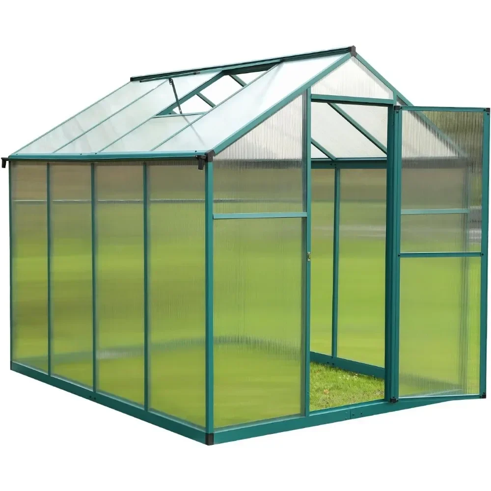 6'x 8' Greenhouse for Outdoors, Polycarbonate Greenhouse with Adjustable Roof Vent and Rain Gutter, Outdoor Aluminum Green House