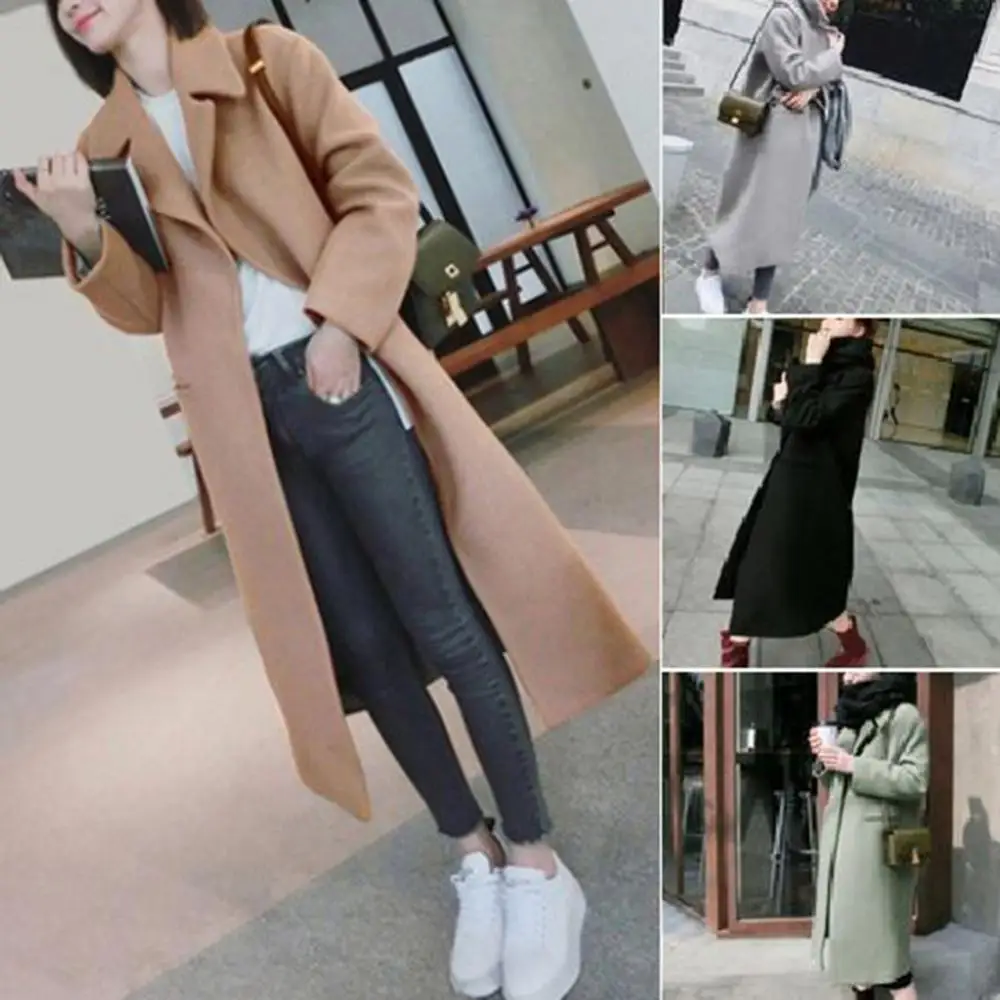 

Thick Warm Solid Color Women Long Coat Fashion Winter Pocket Autumn Outwear