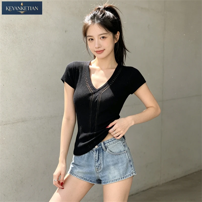 KEYANKETIAN 2026 Breathable Ribbed Knit T Shirt Ladies Deep V Neck Hollow Cable Design Slimming Short Sleeve Daily Layering Top