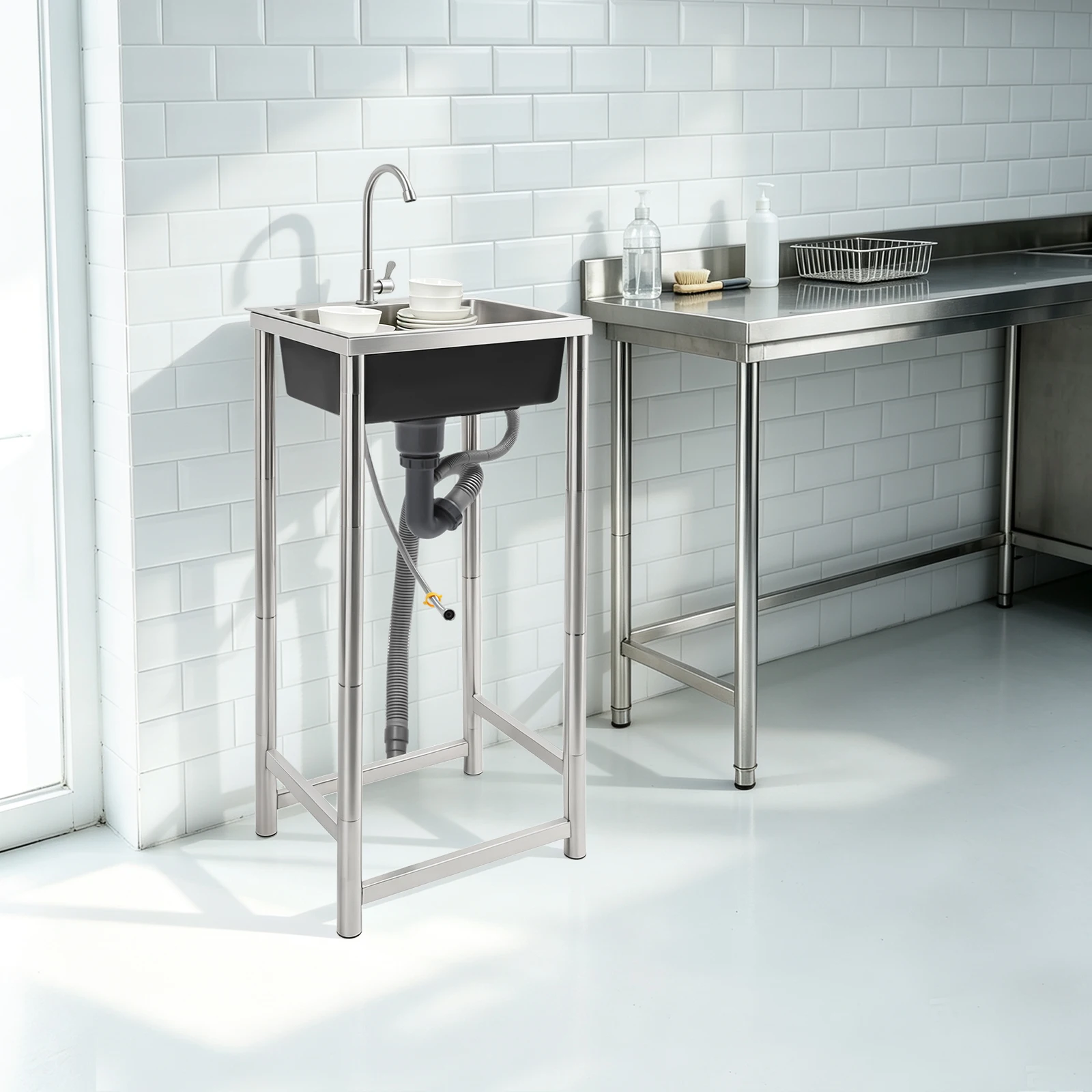 45*40*22cm Stainless Steel Single Basin Commercial Kitchen Sink Free Standing Single Bowl Sink With Water Pipe Silver+Black for Laundry Room Bathroom Farmhouse Frame Load Capacity: 50kg/110 lbs