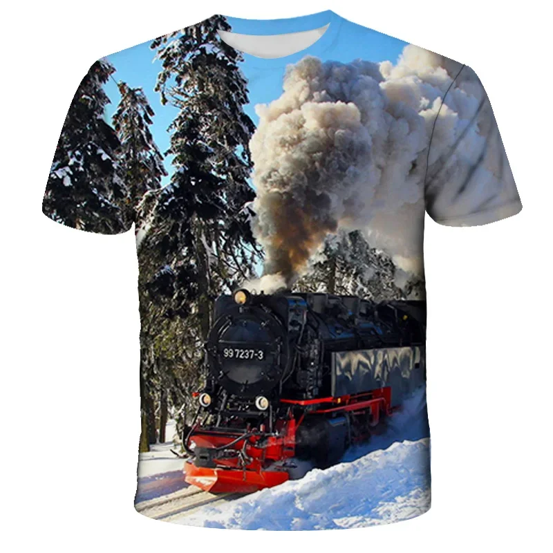 Vintage Train Locomotive T-shirts 3D Print Summer Streetwear Crew Neck Short Sleeve TShirt Oversized Men Women Comfort Tops Tees