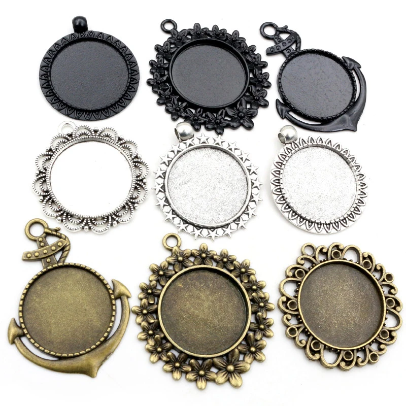 5pcs 25mm Inner Size Antique Silver Plated and Bronze and Black Flowers Style Cabochon Base Setting Charms Pendant