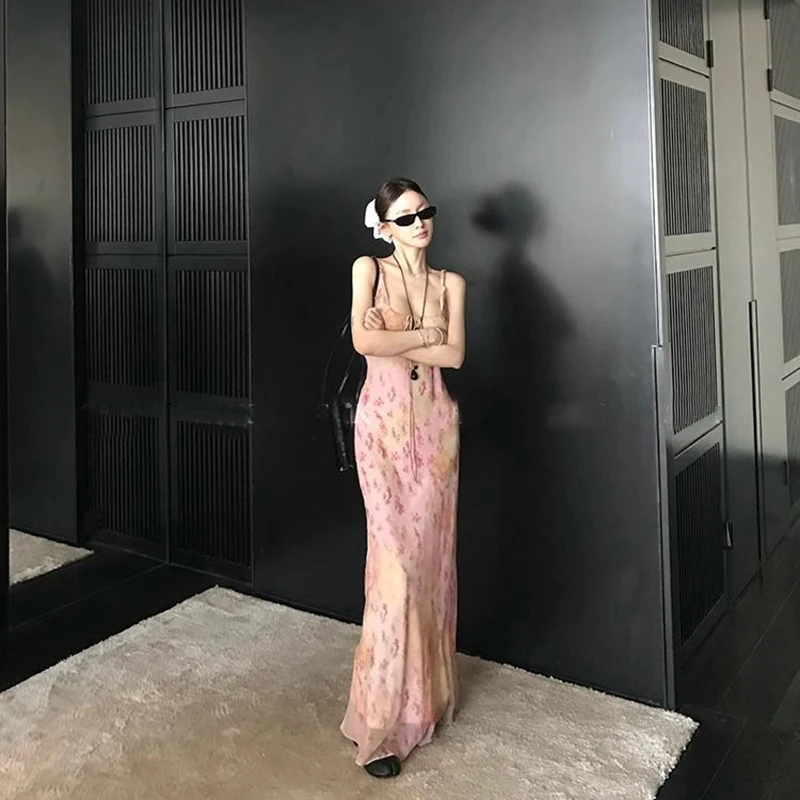 เซ็กซี่พิมพ์ Camis ชุดผู้หญิงเกาหลีแฟชั่น Slim ดอกไม้สปาเก็ตตี้ฤดูร้อน Retro Harajuku แขนกุดพรรค Vestidos