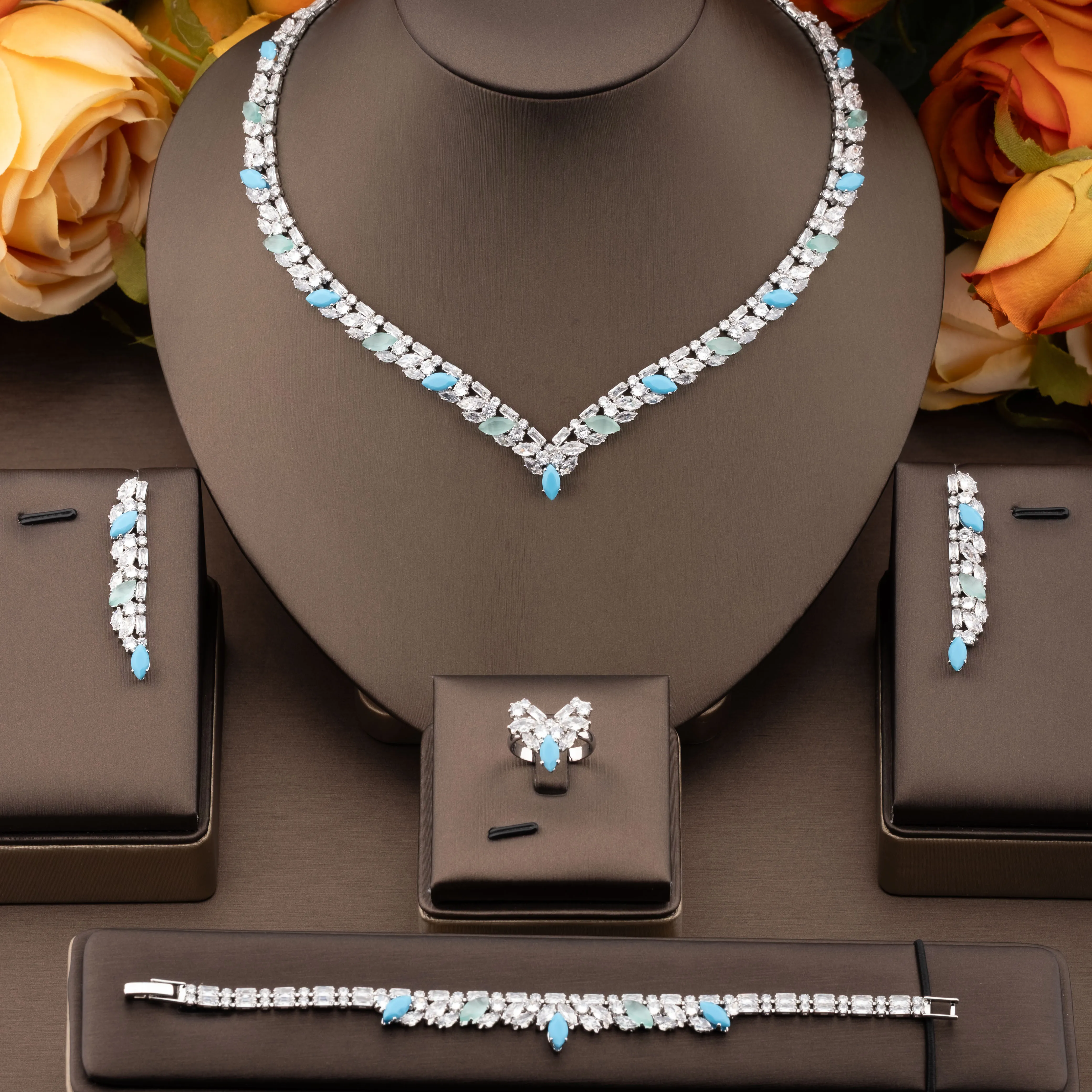 1 set of luxurious and elegant jewelry set with sparkling cubic zirconia and multi-color V-neck design, suitable for women to wear at weddings and banquets. Gift box not included