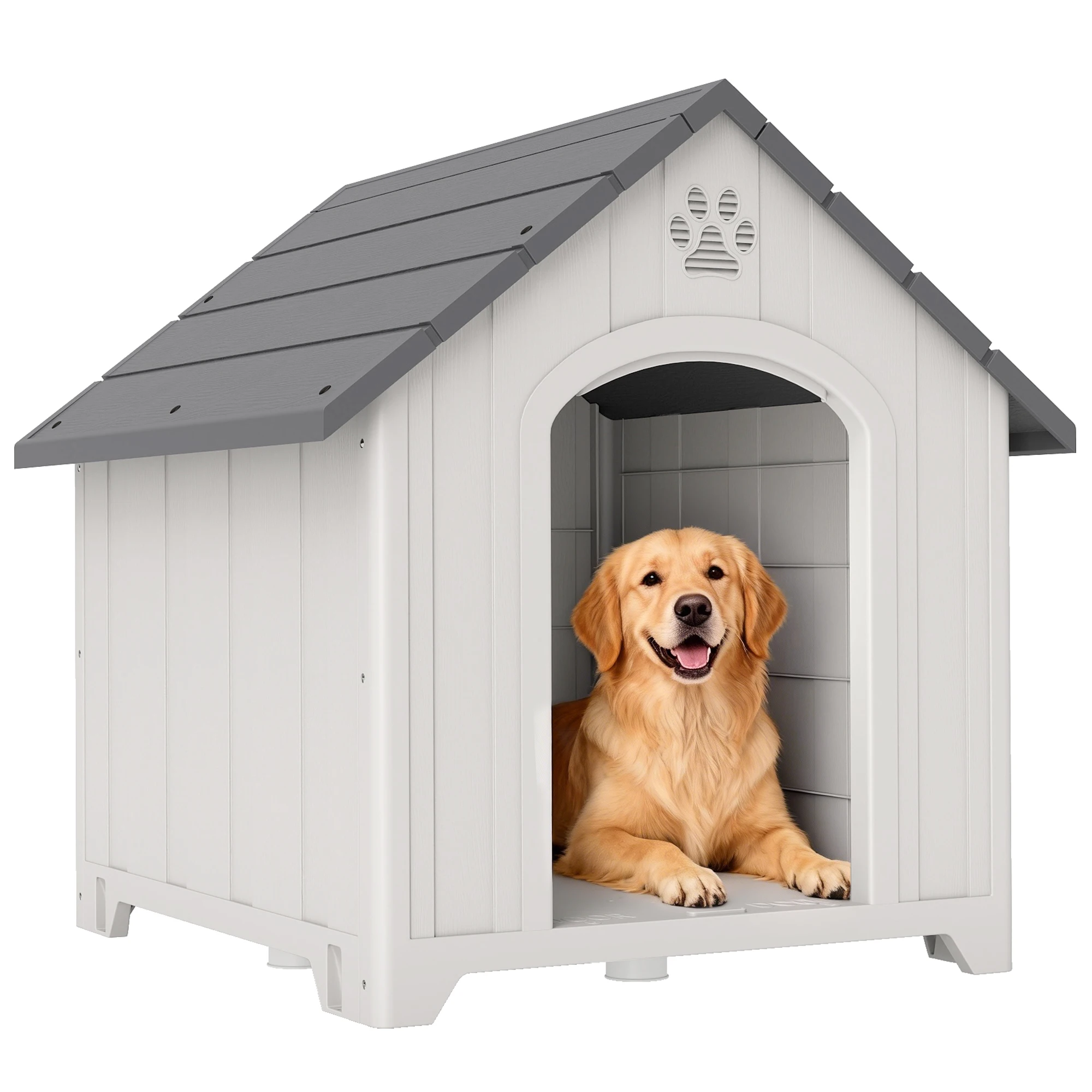 Pawhut Buiten hondenkennel van plastic, grote hondenhuis met 2 ramen, verhoogde basis, grondpennen, grijs