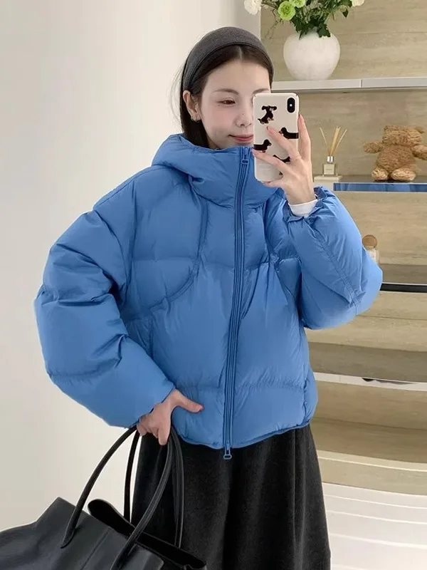 

Синяя утепленная хлопковая куртка с капюшоном для женщин: универсальная, теплая, объемная, модная, зимняя новинка в корейском стиле, свободного кроя, с длинными рукавами