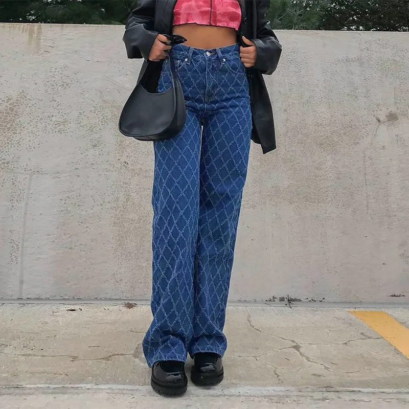 

Women Mom Jeans High Waist 90s Streetwear Argyle Plaid Baggy Jeans Trousers Vintage Indie Pants Y2K Aesthetics Blue Denim Outfit