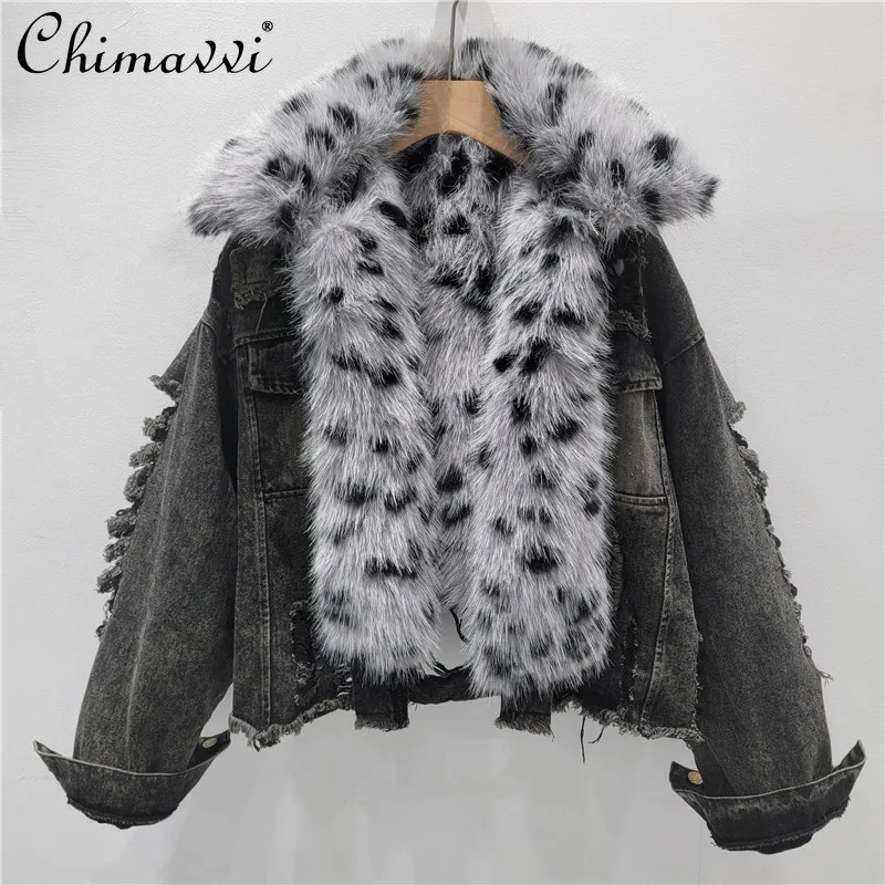 

American Fashion Retro Leopard Fur Collar Thick Fleeced Denim Coats Loose Casual Ripped Warm Parkas Women Winter Short Jackets