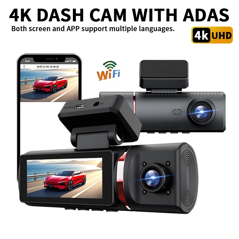 4K ADAS Car Dash Cam WiFi Enabled with Night Vision Loop Recording G-Sensor 170° Wide Angle Front & Inside & Rear Cameras