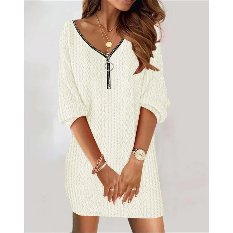 Sexy Zipper Mini Dress Women Winter Autumn V Neck Long Sleeve Dresses Solid Color Casual Basic Robe