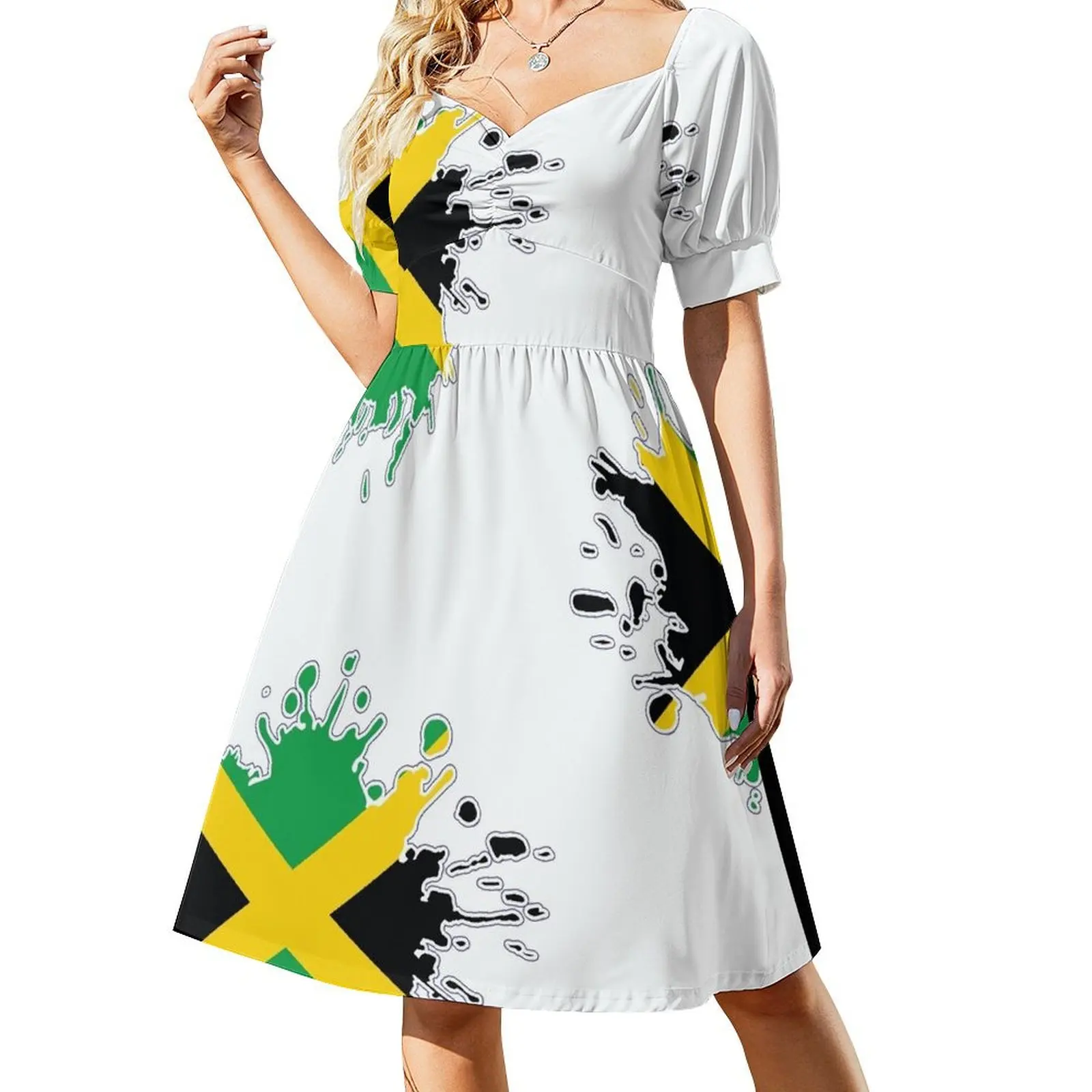 

Jamaican National Flag Splash Short Sleeved Dress Dress vintage Women's clothing Dress