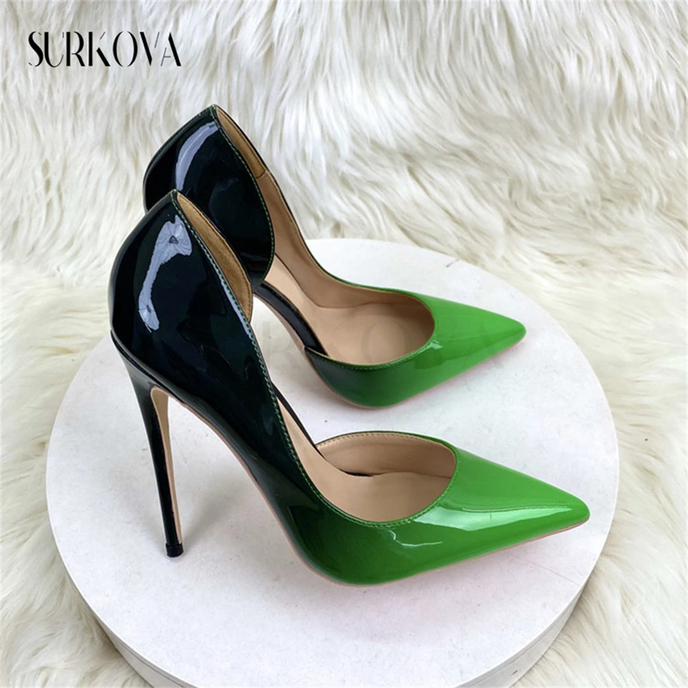 

Green-Black Gradient Side Empty High Heels Pumps 8/10/12Cm Point Toe Thin Heel Patent Leather Shoes Soft Leather Women's Shoes